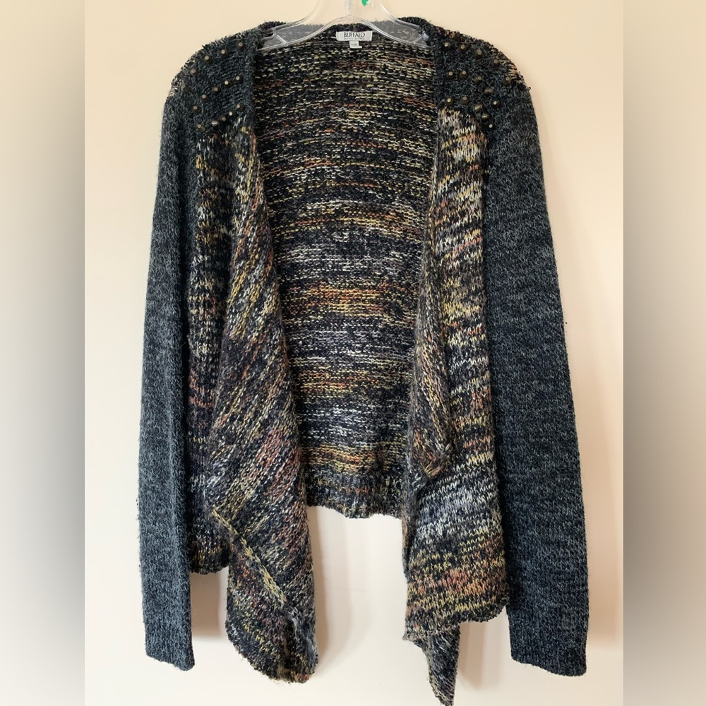 Buffalo David Bitton, open cardigan, shoulder studs, knitted wool blend, size L
